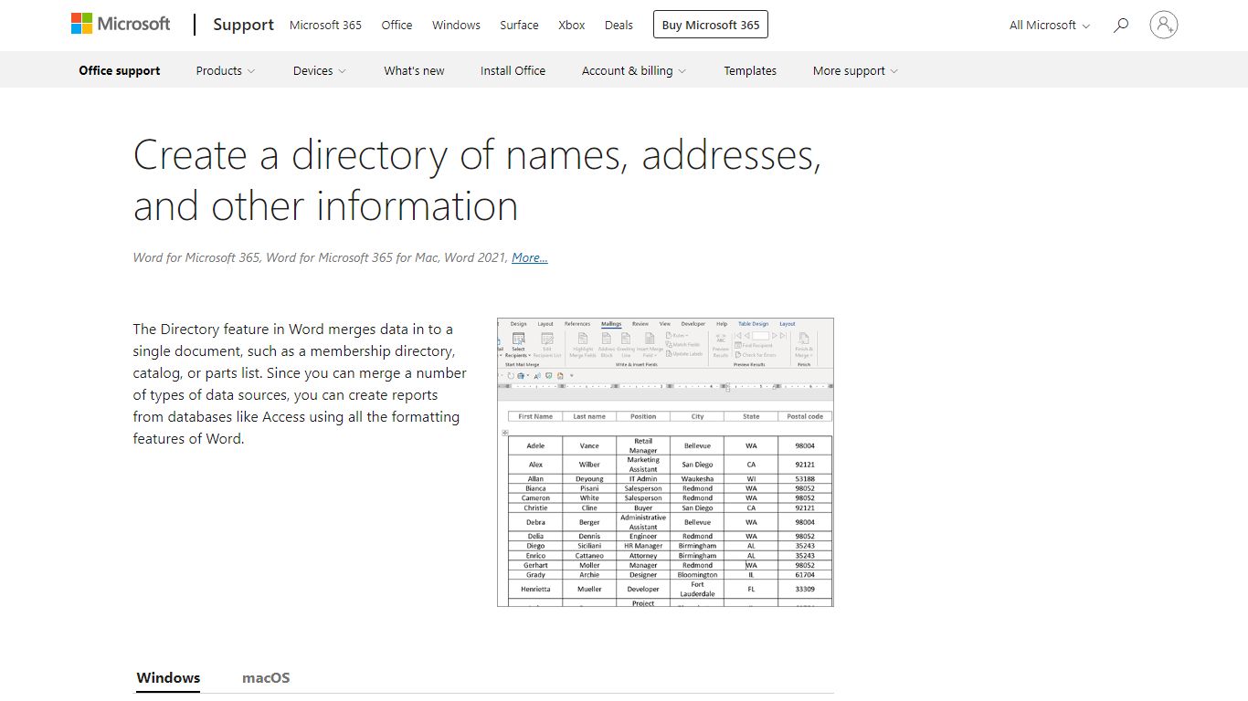 Create a directory of names, addresses, and other information